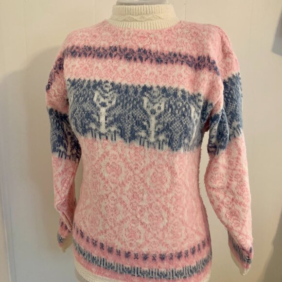 VTG 80s 90s Pastel Pink Spunky Crewneck Knit Sweater Turtleneck Cosby Snowflake - Picture 10 of 15